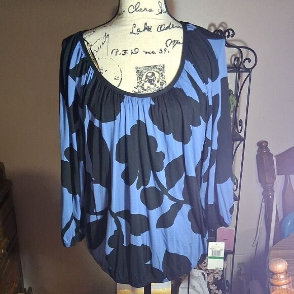 NWT Michael Kors Blue and Black Floral Blouse Size Large Petite - Picture 1 of 8